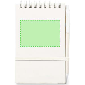 A spiral-bound notebook in beige with a green blank space and an attached white pen.