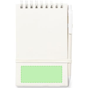 A spiral-bound notebook with blank pages, white cover, and an elastic band featuring a green section.