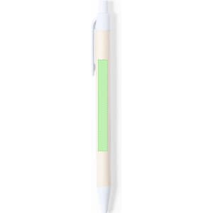 A white and cream pen with a blank green area for customisation. The pen features a clip for easy attachment.