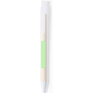 A wooden pen with a white tip and a green band, featuring a logo or branding on the side.