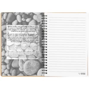 A spiral-bound notebook with a pebble design on one side and blank lined pages on the other. It features a logo.
