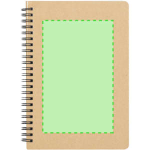 A spiral-bound notebook with a brown kraft cover and a green blank area on the front. It has a logo on the cover.