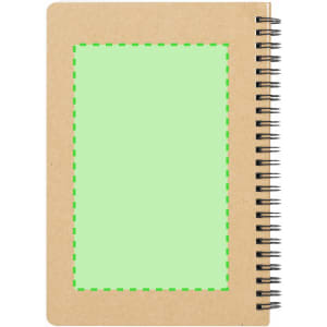 A brown spiral notebook with a green blank area on the front cover. It features a wire spiral binding.