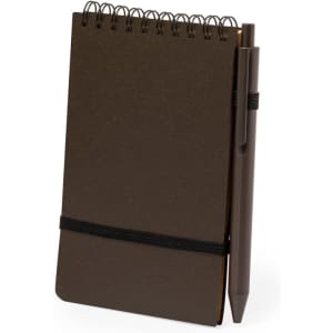 A brown spiral-bound notebook with a pen attached by an elastic band. It features a simple, minimalist design.