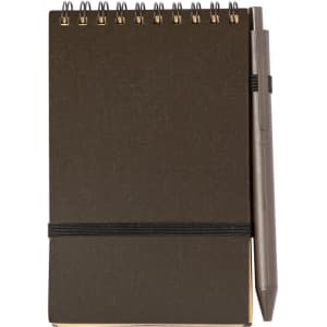 A brown spiral-bound notebook with an elastic band and a grey pen attached. It features a textured cover and a logo.