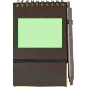 A dark brown spiral notebook with a blank green section and a grey pen attached. It includes an elastic band.