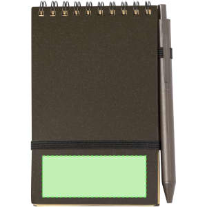 A dark green notebook with a spiral binding, accompanied by a pen, featuring a blank area for personalisation.