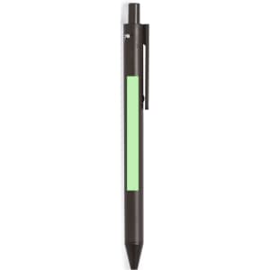 A black pen with a green highlight section and a retractable point. It features a clip for easy attachment.