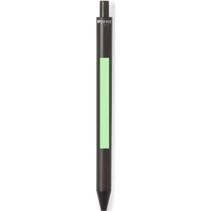 A black pen with a green highlight, featuring a logo on the upper section.