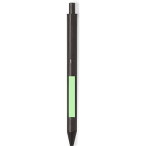 A black pen with a slim green stripe on the barrel, featuring a rounded tip for smooth writing.