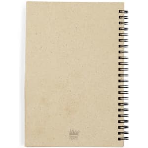 A tan notebook with a spiral binding and a logo at the bottom, made from recycled materials.
