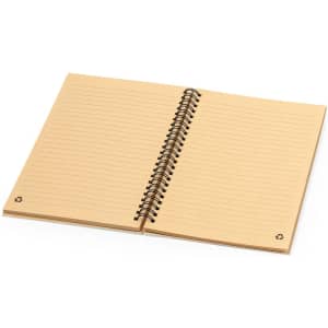 A spiral-bound notebook with lined pages and a light brown cover. It features a logo on the corners.