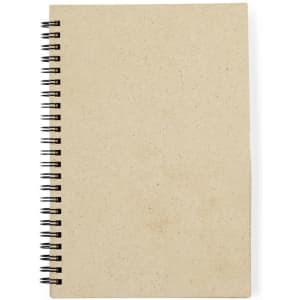 A spiral-bound notebook with a blank, textured beige cover and visible spiral binding.