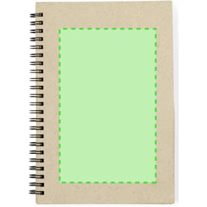A spiral-bound notebook with a neutral beige cover and a light green placeholder area. It has a logo on the front.