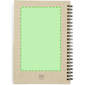 A spiral-bound notebook with a brown cover and a bright green highlighted section, featuring a logo at the bottom.