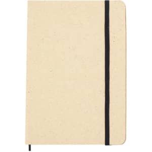 A notepad with a natural, textured cover and a black elastic band. It has a simple design and a logo on the front.
