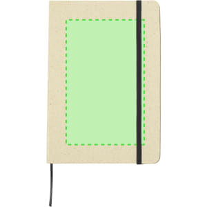 A notepad with a beige cover, featuring a green outline area, and a black elastic band.