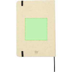 A cream-coloured notepad with a green square section, featuring a black elastic band and a logo at the bottom.