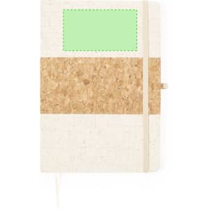 A notepad featuring a textured beige cover with a cork strip, secured with an elastic band.