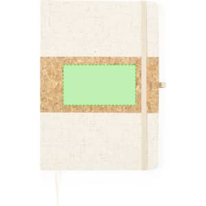 A beige notepad with a cork stripe and an empty green rectangular area, secured with a beige elastic band.