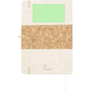 A linen notepad featuring a cork band and a blank green section, with an elastic closure and bookmark.