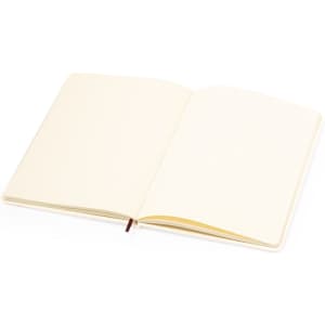 An open Hucka Notepad with blank cream-coloured pages and a brown ribbon bookmark. It has a simple branding logo.