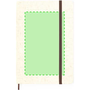 A notepad with a textured cream cover, featuring a green outline and a brown elastic band closure.