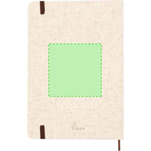 A linen-covered notepad in a natural beige colour, featuring a green square area and leather accents.