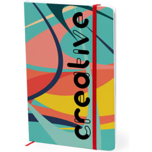 A colourful notepad featuring abstract designs and a black logo, with a red elastic closure.