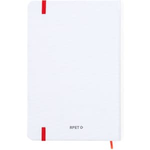 A white notepad with red elastic bands and a logo, featuring a sleek design suitable for office use.