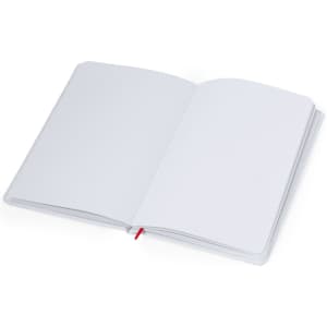 A blank notepad with white pages and a red ribbon marker, featuring a simple design and no text.