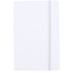 A white notepad with a textured cover and an elastic band. It features branding on the front.