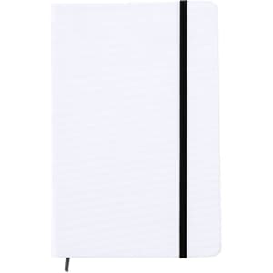 A white notepad with a black elastic band and a page marker, featuring a simple cover design.