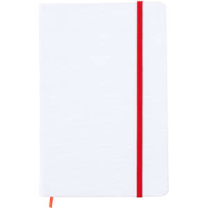 A white notepad with a red elastic band and a matching ribbon bookmark. It features a branding logo on the cover.