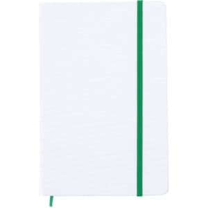 A white notepad with a green elastic band, featuring a plain cover and a logo. Ideal for office use.