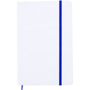 A white notepad with a blue elastic band, featuring a textured cover and a matching ribbon bookmark.