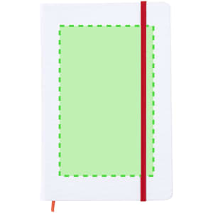A white notepad featuring a green template area and a red elastic band closure. It includes a logo.