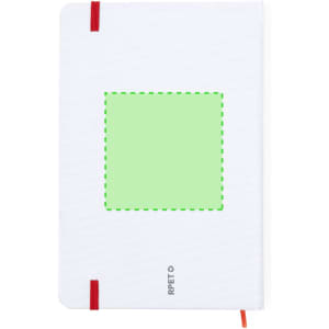 A white notepad with a green square design area and red elastic bands. It has a logo on the bottom.