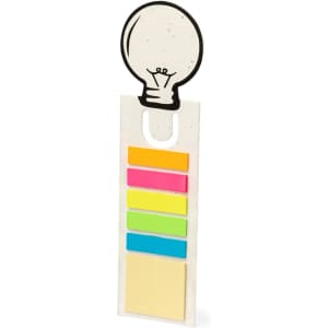 A bookmark with a lightbulb design and colourful sticky notes in bright pink, green, yellow, and blue.
