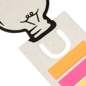 A white bookmark featuring a light bulb design, with pink, yellow, and orange sticky note sections.
