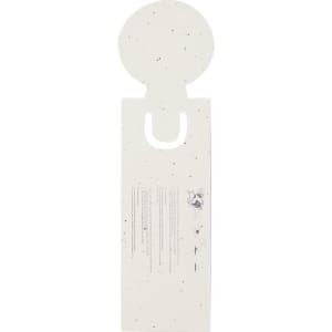 A white bookmark with a circular top and a cut-out section, featuring a speckled design and branding logo.