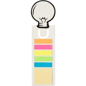 A bookmark in light colours featuring a light bulb design and multiple sticky note strips in pink, green, and blue.
