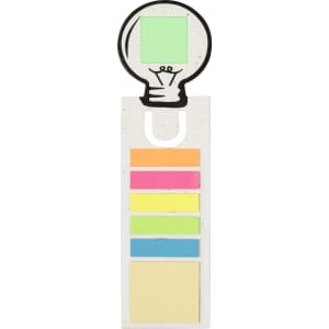 A bookmark in the shape of a lightbulb with multiple sticky note colours: pink, orange, yellow, green, and blue.
