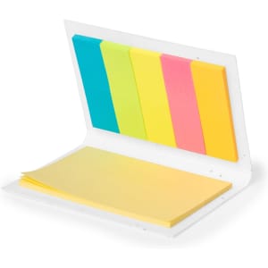 A sticky notepad set featuring blue, green, pink, yellow, and a large yellow pad, housed in a white holder with a logo.