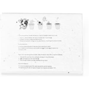 A white notepad with sticky notes, featuring illustrations related to planting seeds, along with a logo in the corner.
