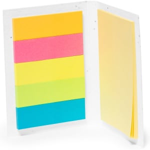 A sticky notepad featuring five colourful notes in pink, yellow, green, and blue, with a white backing.