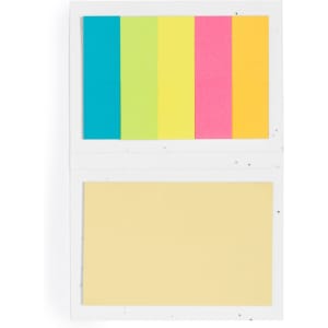 Sticky notepad featuring five vibrant coloured tabs: blue, green, pink, yellow, and a large yellow note section.