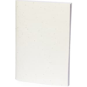 A white notebook with a speckled design, featuring a simple cover and an unadorned exterior.