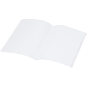 A white notebook with blank pages, open to display two interior pages, featuring a simple design.