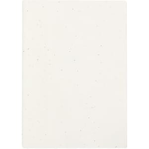 A white notebook with a speckled texture, featuring a simple design and a subtle branding logo.